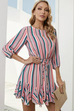 Load image into Gallery viewer, Striped Drawstring Waist Three-Quarter Sleeve Mini Dress