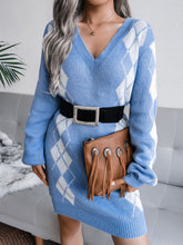 Load image into Gallery viewer, Argyle V-Neck Ribbed Trim Sweater Dress