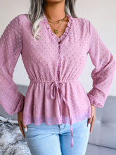 Load image into Gallery viewer, Swiss Dot Frill Trim Drawstring Waist Peplum Blouse
