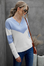 Load image into Gallery viewer, Chevron Color Block V-Neck Dropped Shoulder Sweater