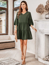 Load image into Gallery viewer, V-Neck Three-Quarter Flounce Sleeve Tiered Dress