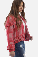 Load image into Gallery viewer, Open Front Plaid Blazer with Ruffle Trim