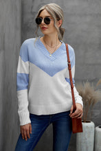 Load image into Gallery viewer, Chevron Color Block V-Neck Dropped Shoulder Sweater