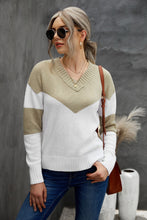 Load image into Gallery viewer, Chevron Color Block V-Neck Dropped Shoulder Sweater