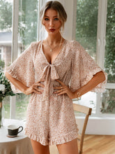Load image into Gallery viewer, Ditsy Floral Bell Sleeve Tie-Front Romper