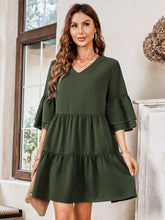 Load image into Gallery viewer, V-Neck Three-Quarter Flounce Sleeve Tiered Dress