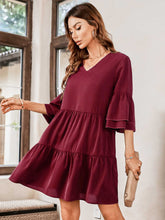 Load image into Gallery viewer, V-Neck Three-Quarter Flounce Sleeve Tiered Dress