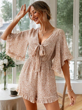 Load image into Gallery viewer, Ditsy Floral Bell Sleeve Tie-Front Romper