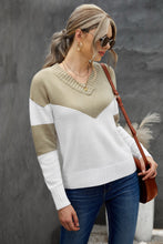 Load image into Gallery viewer, Chevron Color Block V-Neck Dropped Shoulder Sweater