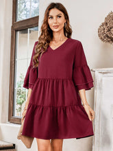 Load image into Gallery viewer, V-Neck Three-Quarter Flounce Sleeve Tiered Dress