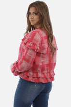 Load image into Gallery viewer, Open Front Plaid Blazer with Ruffle Trim