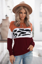 Load image into Gallery viewer, Leopard Color Block Ribbed Trim Dropped Shoulder Sweater