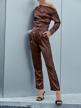 Load image into Gallery viewer, Ruched Asymmetrical Neck Top and Pants Set