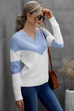 Load image into Gallery viewer, Chevron Color Block V-Neck Dropped Shoulder Sweater