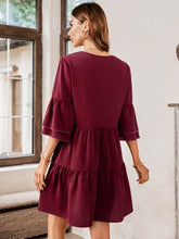 Load image into Gallery viewer, V-Neck Three-Quarter Flounce Sleeve Tiered Dress