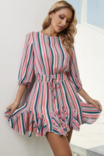 Load image into Gallery viewer, Striped Drawstring Waist Three-Quarter Sleeve Mini Dress