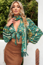 Load image into Gallery viewer, Floral Tie Front Balloon Sleeve Cropped Blouse