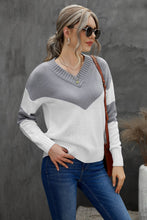 Load image into Gallery viewer, Chevron Color Block V-Neck Dropped Shoulder Sweater