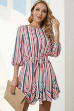 Load image into Gallery viewer, Striped Drawstring Waist Three-Quarter Sleeve Mini Dress