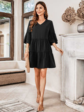 Load image into Gallery viewer, V-Neck Three-Quarter Flounce Sleeve Tiered Dress