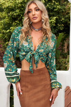 Load image into Gallery viewer, Floral Tie Front Balloon Sleeve Cropped Blouse