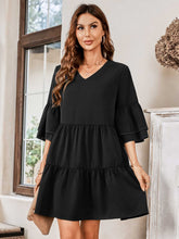 Load image into Gallery viewer, V-Neck Three-Quarter Flounce Sleeve Tiered Dress