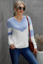 Load image into Gallery viewer, Chevron Color Block V-Neck Dropped Shoulder Sweater