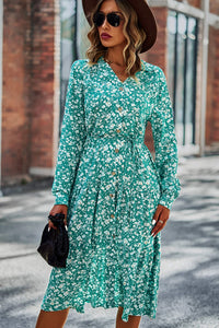 Printed Button Front Belted Tiered Shirt Dress