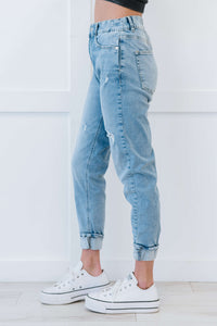 Muselooks Distressed Elastic Waist Cuffed Denim Joggers