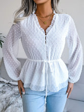 Load image into Gallery viewer, Swiss Dot Frill Trim Drawstring Waist Peplum Blouse
