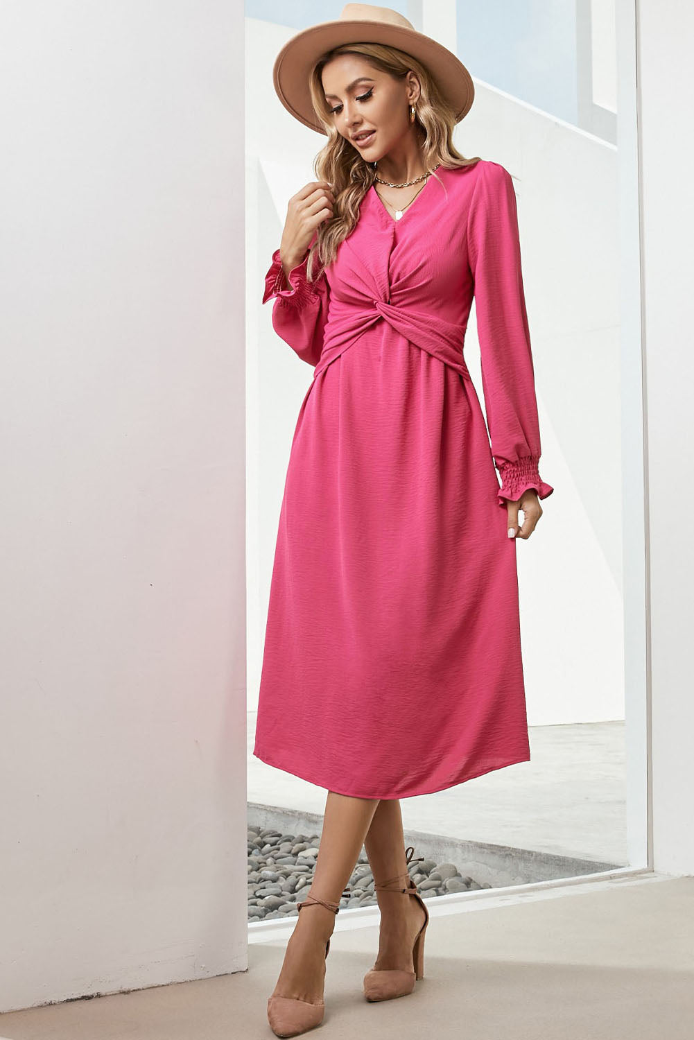 Twist Front V-Neck Flounce Sleeve Dress