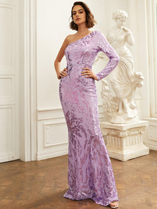 Sequin One-Sleeve Floor-Length Dress