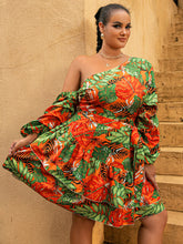 Load image into Gallery viewer, Plus Size Botanical Print One-Shoulder Layered Dress with Belt
