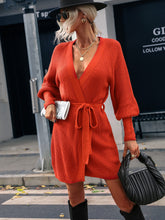 Load image into Gallery viewer, Belted Surplice Lantern Sleeve Wrap Sweater Dress
