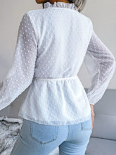 Load image into Gallery viewer, Swiss Dot Frill Trim Drawstring Waist Peplum Blouse
