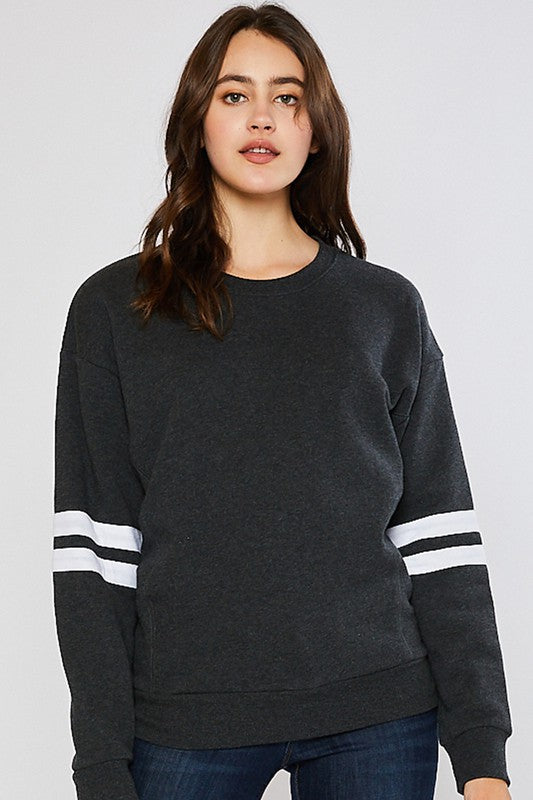 Fleece Stripe Sleeve Sweatshirt