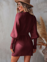 Load image into Gallery viewer, Belted Surplice Lantern Sleeve Wrap Sweater Dress
