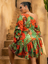 Load image into Gallery viewer, Plus Size Botanical Print One-Shoulder Layered Dress with Belt
