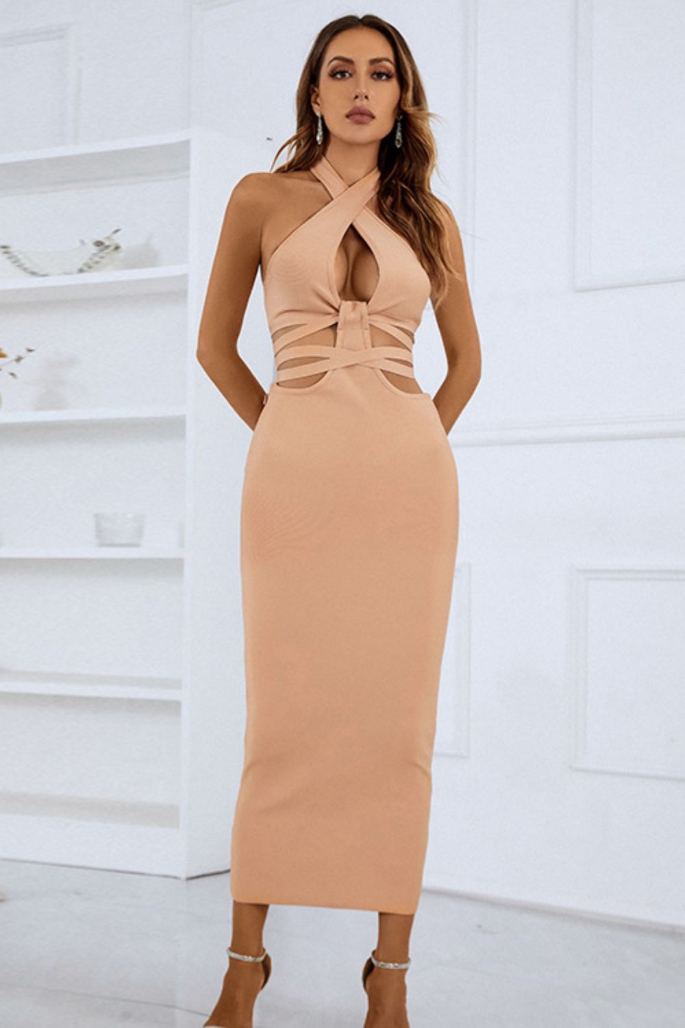 Crisscross Gathered Detail Cutout Tie-Back Bandage Dress