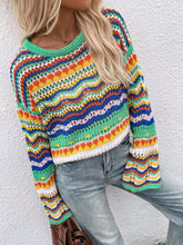 Load image into Gallery viewer, Rainbow Stripe Openwork Flare Sleeve Knit Top
