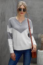 Load image into Gallery viewer, Chevron Color Block V-Neck Dropped Shoulder Sweater
