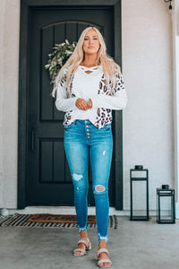 Leopard Print Crisscross V-Neck Long Sleeve Tee