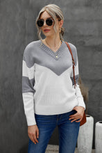 Load image into Gallery viewer, Chevron Color Block V-Neck Dropped Shoulder Sweater
