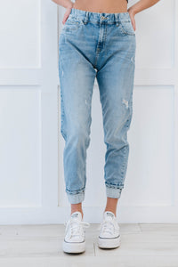 Muselooks Distressed Elastic Waist Cuffed Denim Joggers