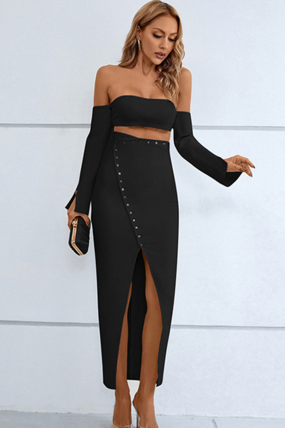 Off-Shoulder Cutout Front Split Dress