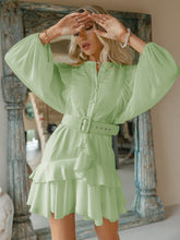 Load image into Gallery viewer, Belted Button Front Ruffled Balloon Sleeve Layered Dress
