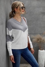 Load image into Gallery viewer, Chevron Color Block V-Neck Dropped Shoulder Sweater
