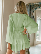 Load image into Gallery viewer, Belted Button Front Ruffled Balloon Sleeve Layered Dress
