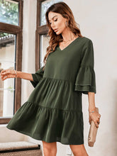 Load image into Gallery viewer, V-Neck Three-Quarter Flounce Sleeve Tiered Dress
