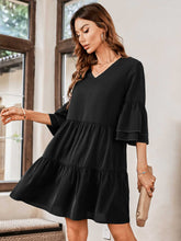 Load image into Gallery viewer, V-Neck Three-Quarter Flounce Sleeve Tiered Dress
